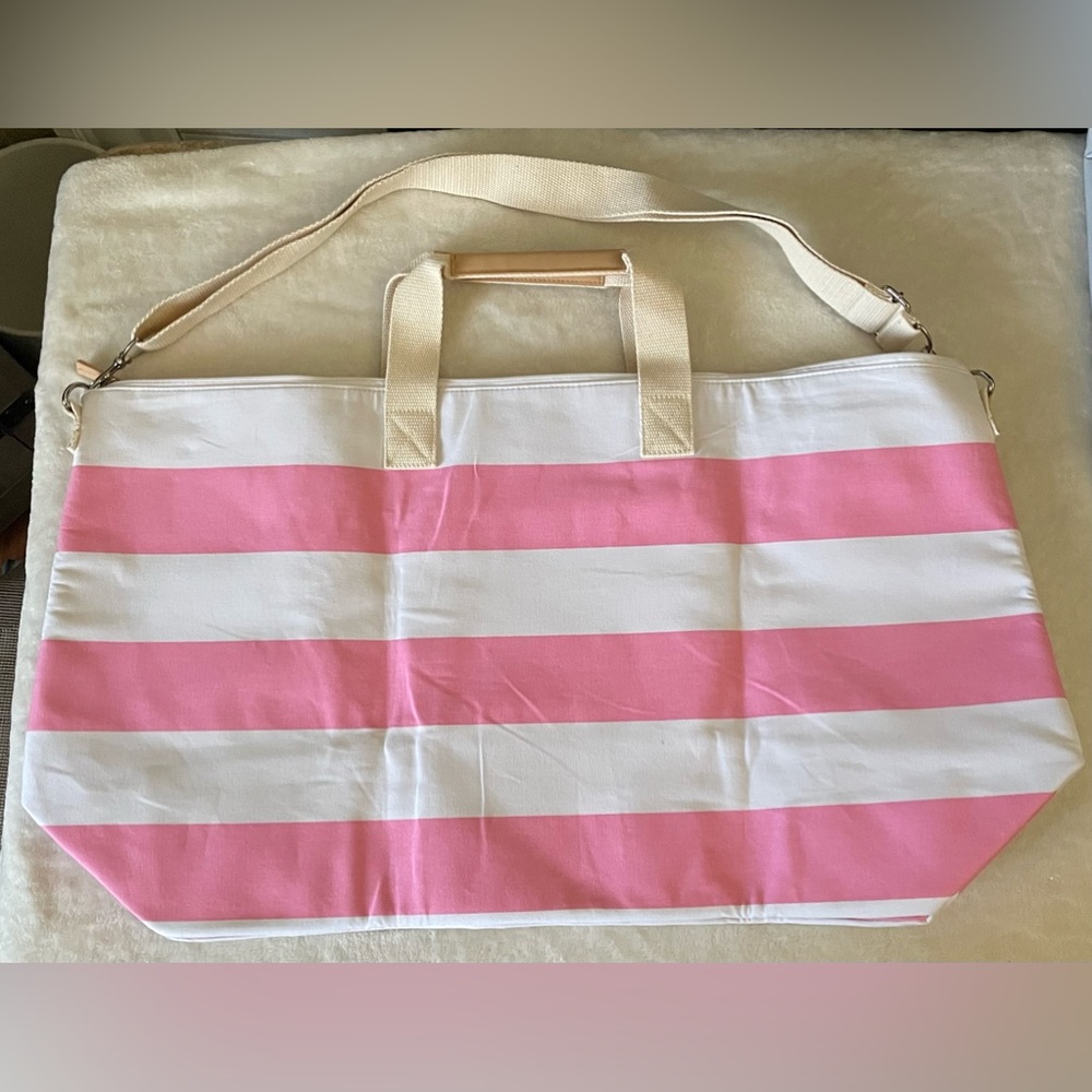 NWOT Victoria’s Secret Canvas Zipper Duffel Bag Pink/Cream Stripes - Picture 9 of 13